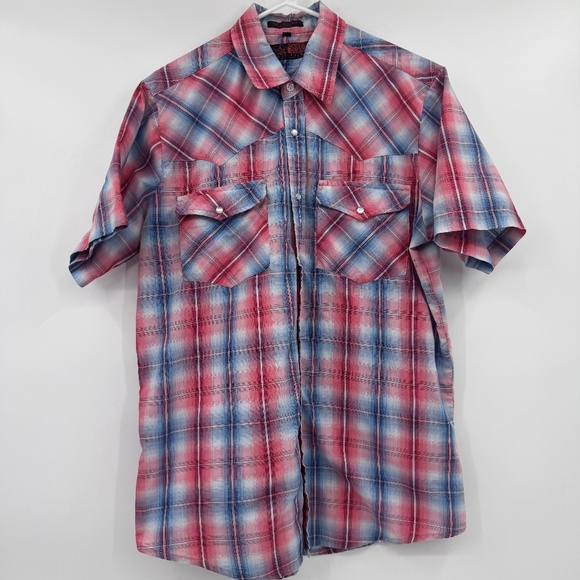 Canyon Guide Shirt Men Large Red Blue Plaid Snap Button Up Short Sleeves Western - Picture 1 of 11